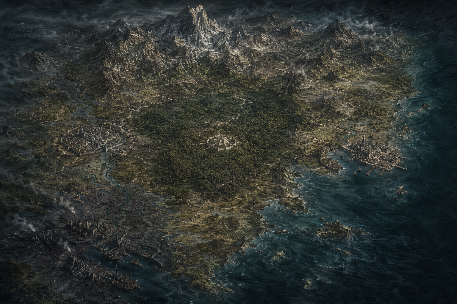 Conceptual dark fantasy atlas showing a forest sanctuary, mountain range and coastal settlements. Geography is provisional.